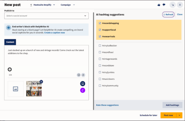 new post on Hootsuite AI hashtag suggestions OwlyWriter