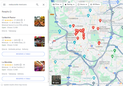 Búsqueda de restaurantes mexicanos en Madrid en Google Maps
