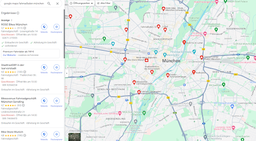 Suche nach Fahrradgeschäften in München über Google Maps