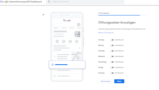 Profil anpassen und Öffnungszeiten hinzufügen