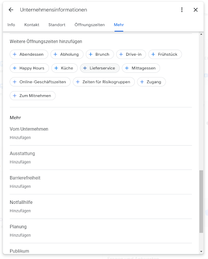 Mehr Unternehmensinformationen hinzufügen, z.B. weitere Öffnungszeiten
