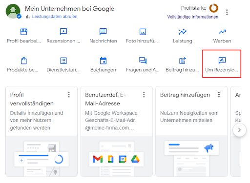 Bittet um Rezensionen auf Google