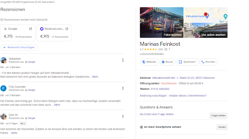 Google-Rezensionen zu Marinas Feinkost