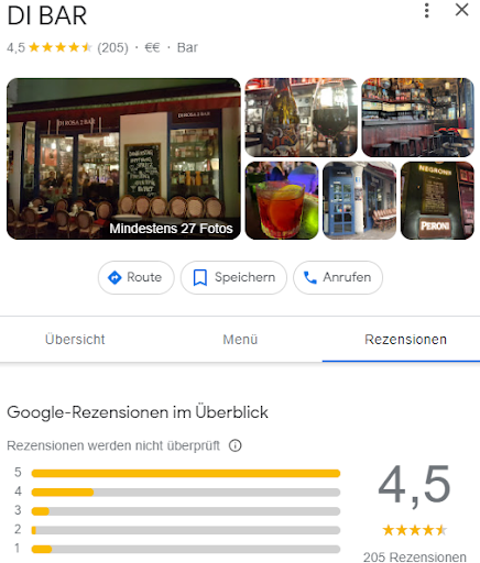 Google-Rezension mit 4,5 Sternen für eine Bar