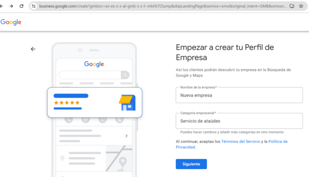 Pantalla donde se pide introducir el nombre y la categoría de la empresa para crear un nuevo perfil.