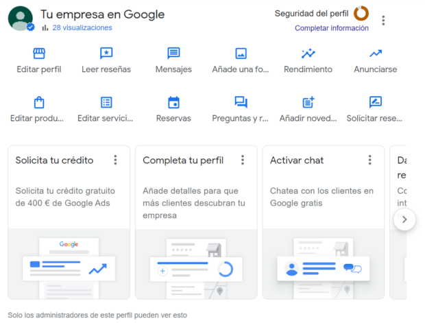 Tablero del perfil de empresa de Google, visible solamente para administradores del perfil.