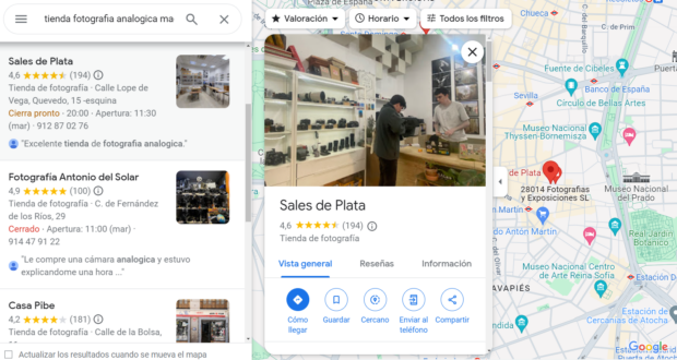 Tienda de fotografía analógica en Madrid en Google maps