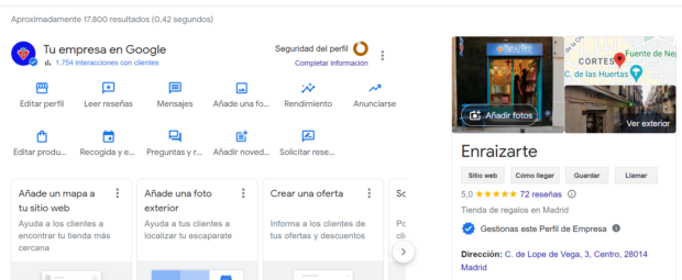 Perfil de Google my business de tienda de artesanía mexicana Enraizarte
