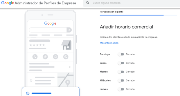 personaliza el perfil y añade el horario comercial
