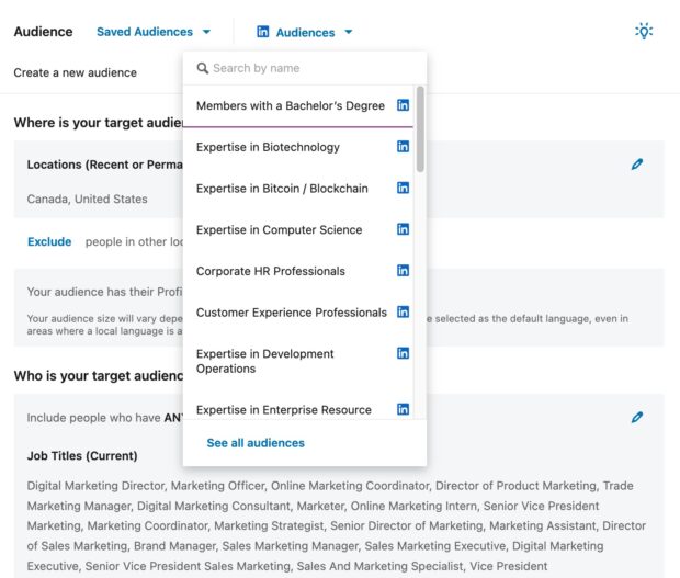 pre-defined audience templates such as expertise in biotechnology or corporate HR professionals