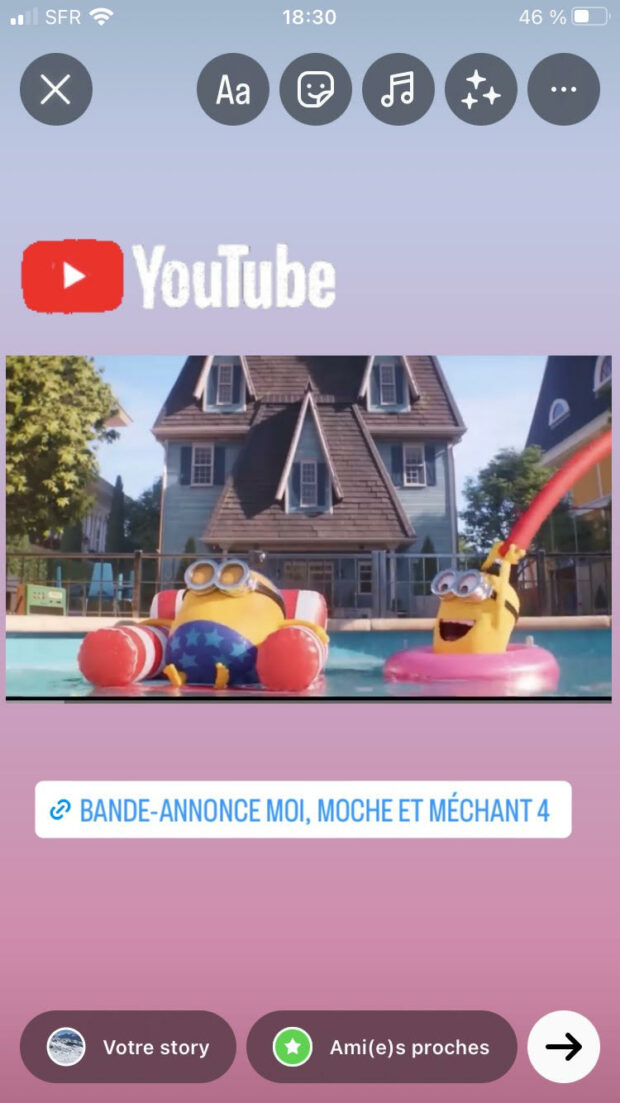 story Instagram avec un lien vers une bande-annonce sur youtube