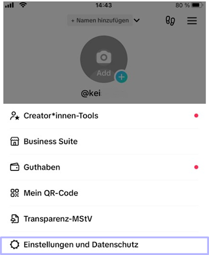 Screenshot: Einstellungen und Datenschutz antippen