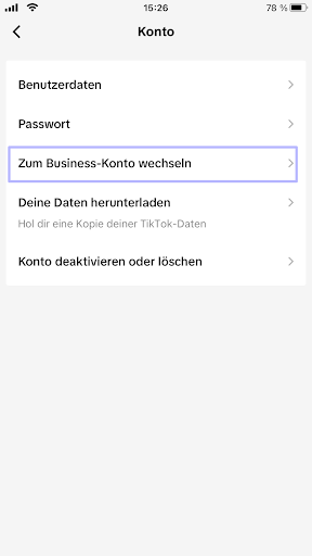 Screenshot: Auf zum Business-Konto wechseln tippen