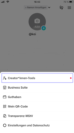 Screenshot: Creator*innen-Tools antippen