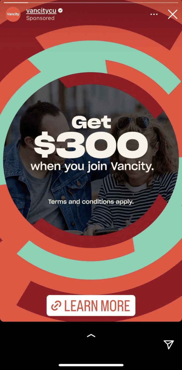 instagram story ad for vancity financial offering users $300 when they join the bank