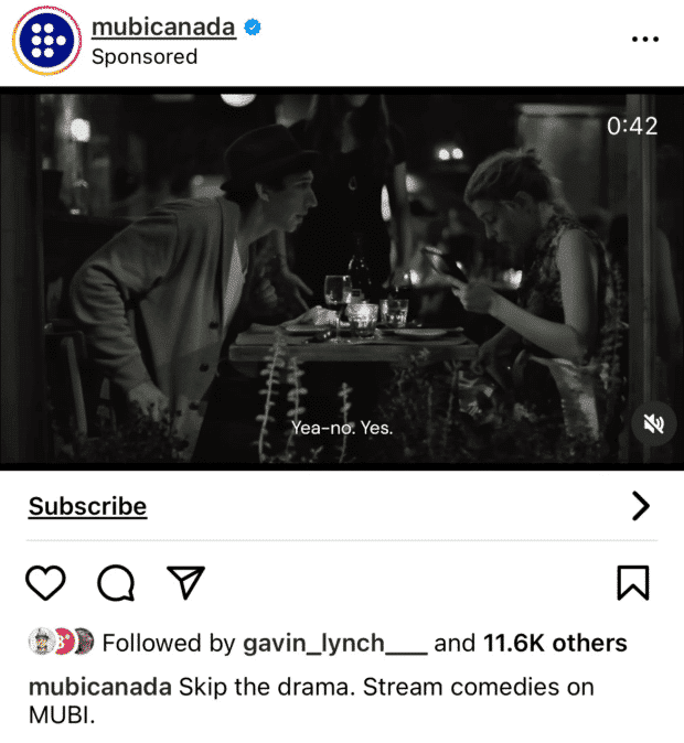 Instagram feed ad for Mubi encouraging users to join its streaming service