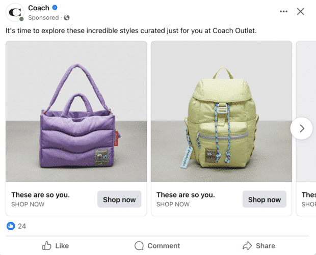 personalized ad from coach outlet telling the customer they have selected some styles based on their past purchase history