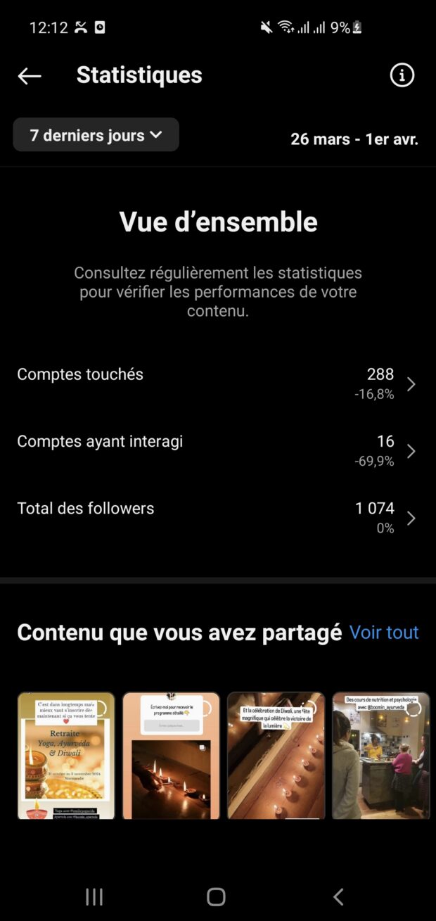 Statistiques Instagram avec Vue d’ensemble et Contenu que vous avez partagé