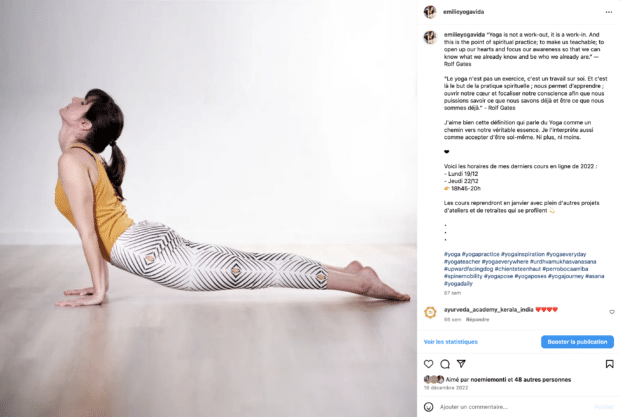 Onglet Voir les statistiques sur un post Instagram de Emilie Yoga Vida