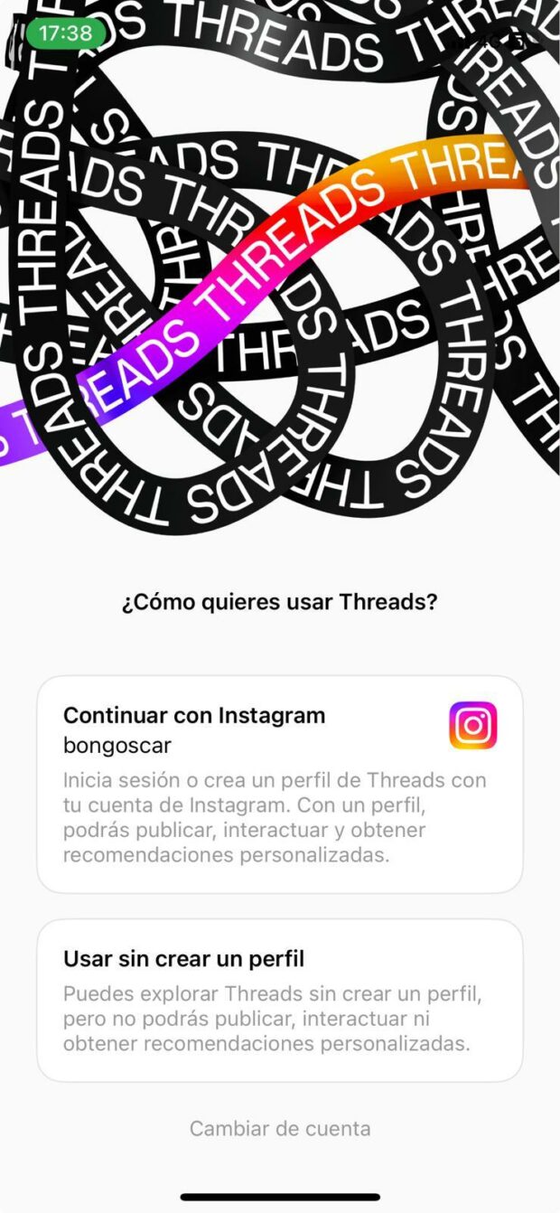 Pantalla de bienvenida de Instagram Threads