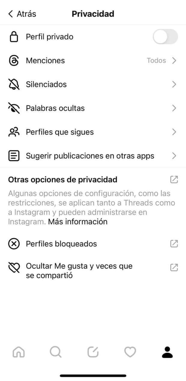 Instagram Threads, configuración detallada de la privacidad