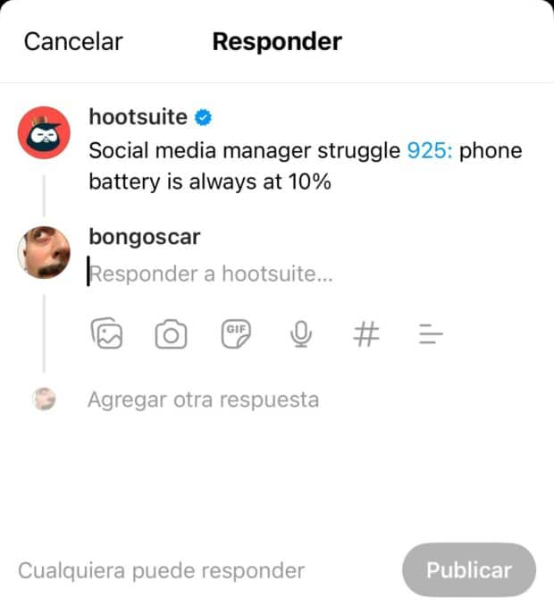 Cuenta oficial de Threads de Hootsuite con distintivo azul de verificación