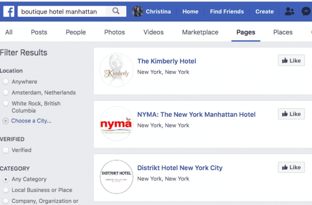 Screenshot der Facebook-Suchergebnisse für „Boutique-Hotel Manhattan“