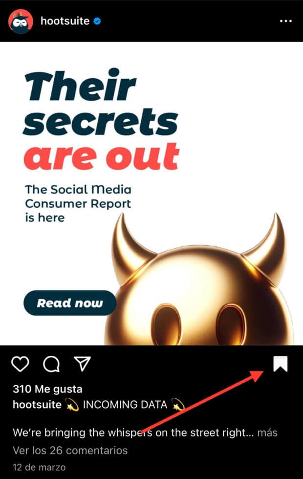 : Captura de pantalla de la publicación de Instagram con una flecha que apunta al botón Guardar