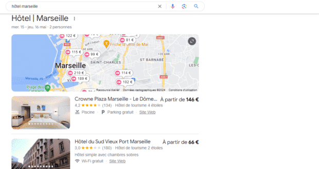 Résultats de la recherche « hôtel Marseille » dans Google