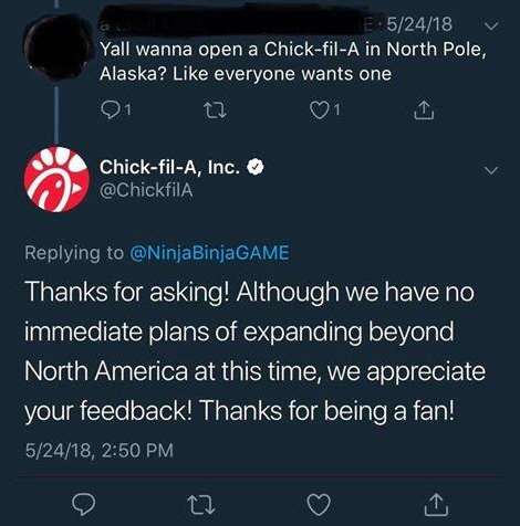 Chick-fil-A reagiert schnell und bedankt sich für eine Anfrage außerhalb des Liefergebiets
