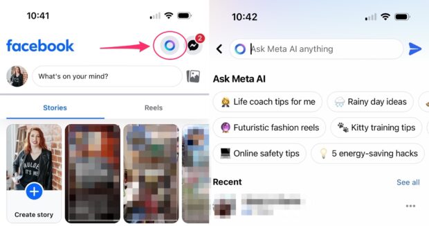 Facebook Ask Meta AI anything search bar