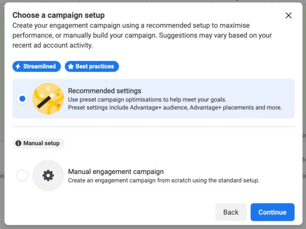 Choose a campaign set up select recommended settings