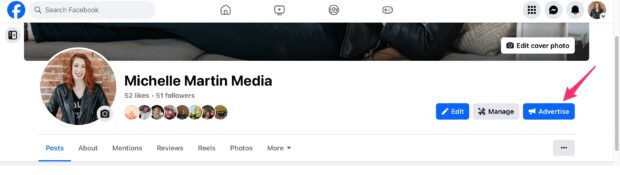 advertise button top right of Facebook page