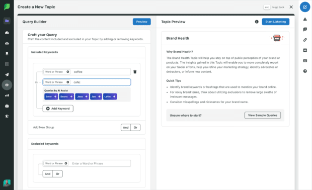 Sprout Social create a new topic query builder