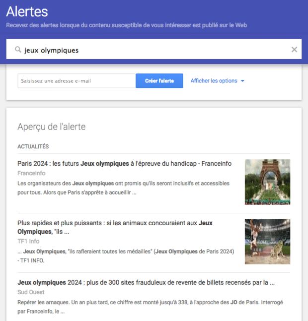 Alerte Google avec le terme jeux olympiques