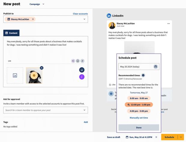Schedule post option select date and time within Hootsuite