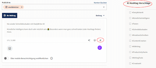 KI-Hashtag-Vorschläge für Instagram im Hootsuite Composer