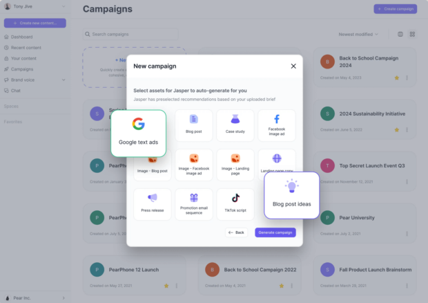 Jasper new campaign select assets to auto generate