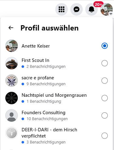 Ein Facebook-Profil unter dem Menü Profil auswählen wählen