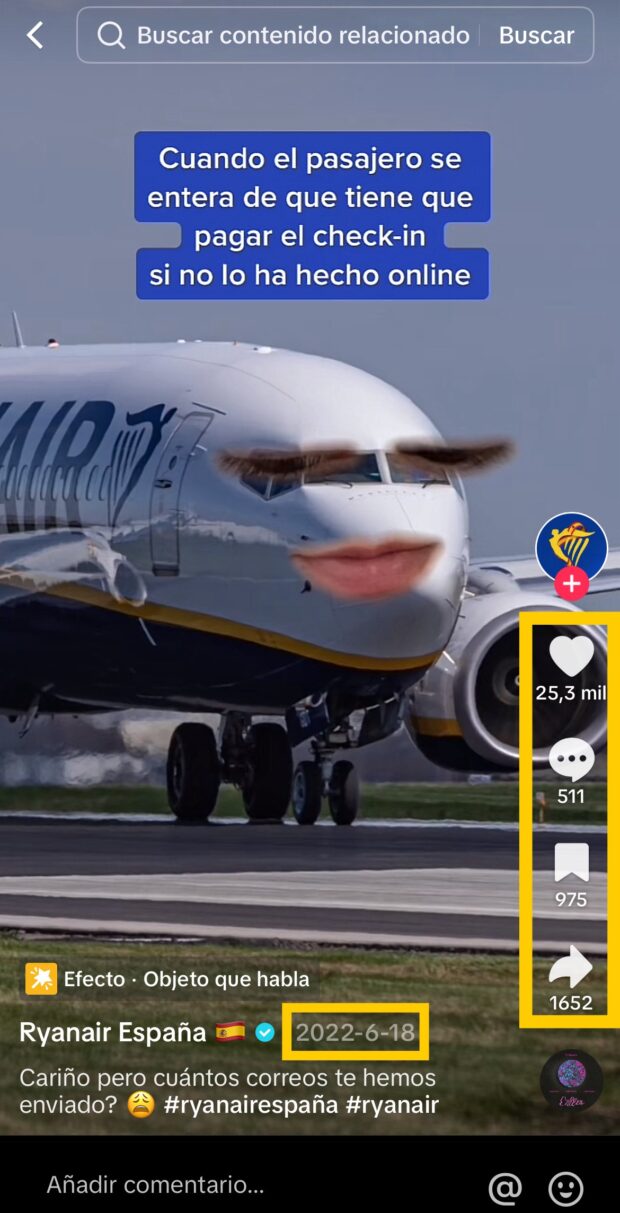 Video de TikTok con recuento de me gusta, recuento de comentarios y recuento de veces que se compartió