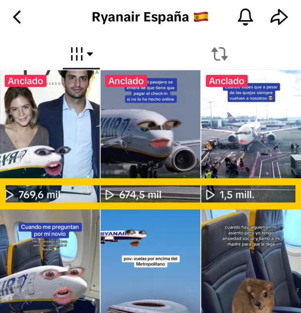 Feed de TikTok de Ryanair España con recuentos de visualizaciones que se muestran en las miniaturas de los videos