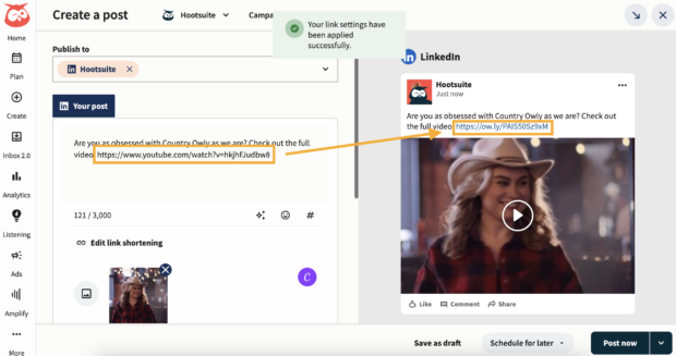Create a post on Hootsuite and add UTM parameters