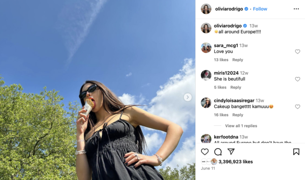 olivia rodrigo vacation photo with caption all around europe!