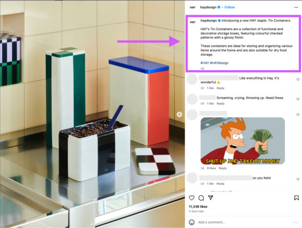 Hay design tin containers Instagram caption