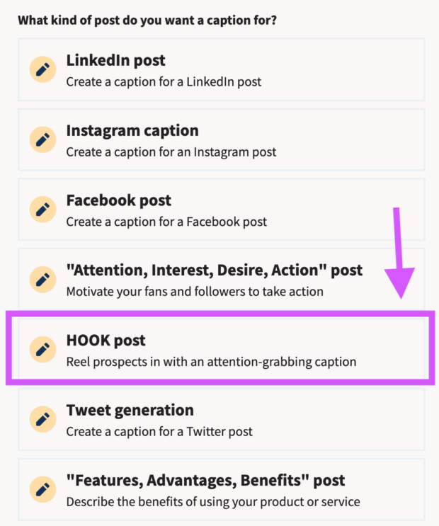 What kind of post do you want a caption for select HOOK post