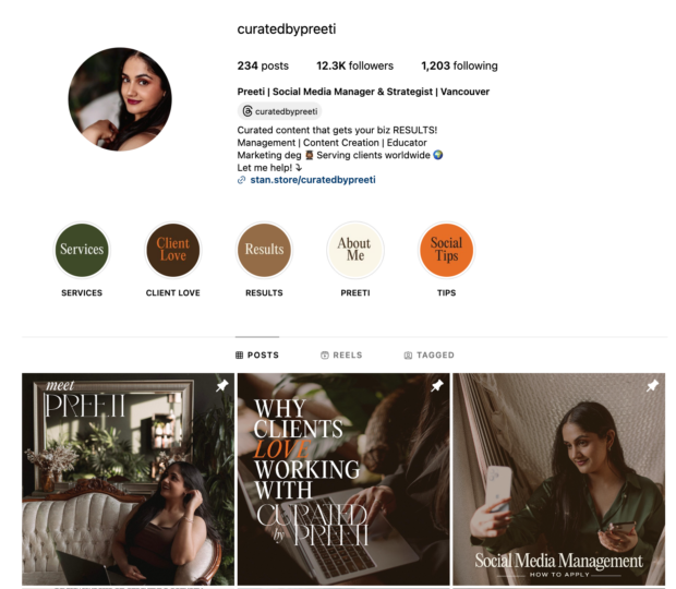 curated by Prezi Instagram page social media strategist with testimonials and template examples