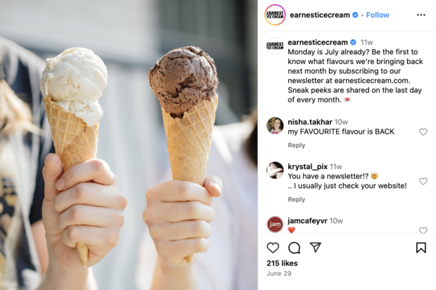Earnest Ice Cream July flavours and newsletter sneak peek info