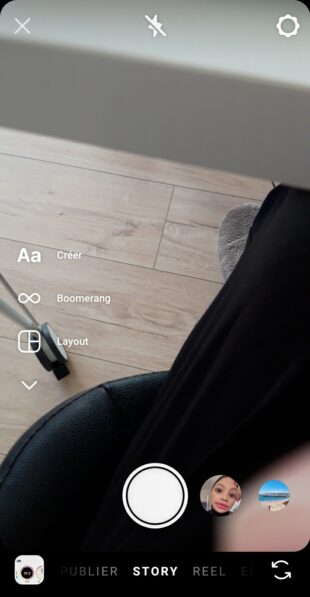 Stories Instagram : mode Créer (première option sur la gauche)
