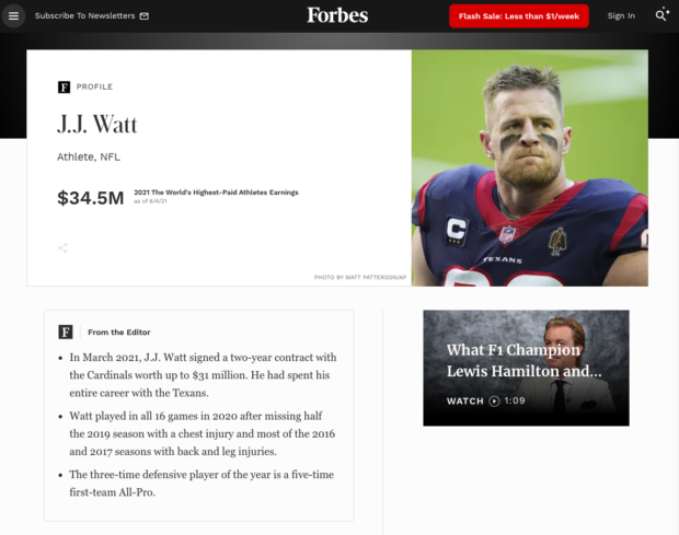 american football athlete J.J. Watt Forbes profile