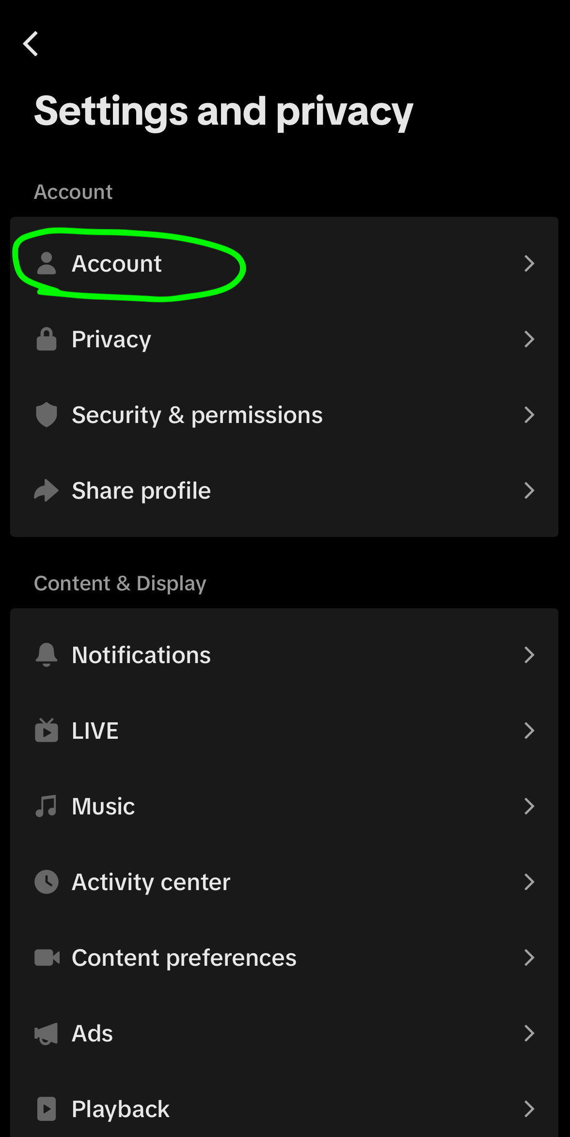 Settings and privacy Account